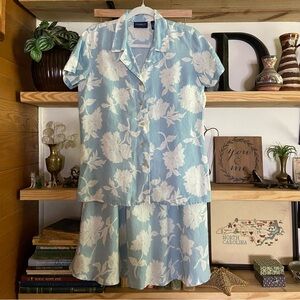 Vintage 90s Liz Claiborne linen blue and white button front skirt set